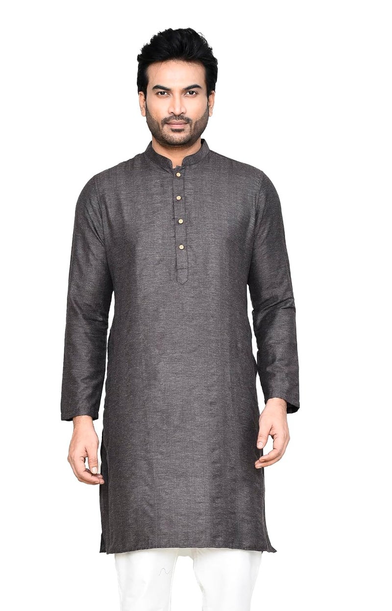 POLY2FAB Men's Cotton Jacquard Striped Kurta with Full Sleeves & Mandarin Collar - Image 1